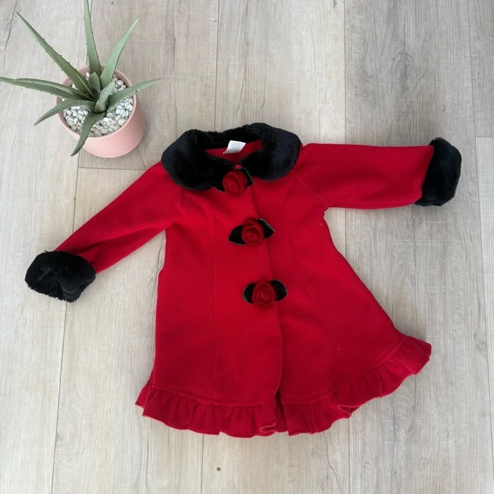Staring Out 18M red Peacoat red roses cozy warm church attire  Christmas Holiday